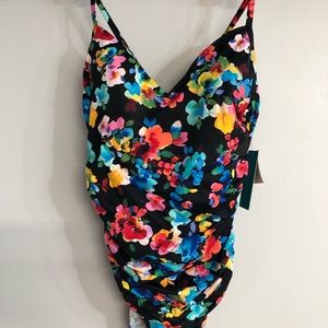 Aqua Green Swimwear Women's Size L One-Piece Swimsuit Ring Back Black Floral NWT